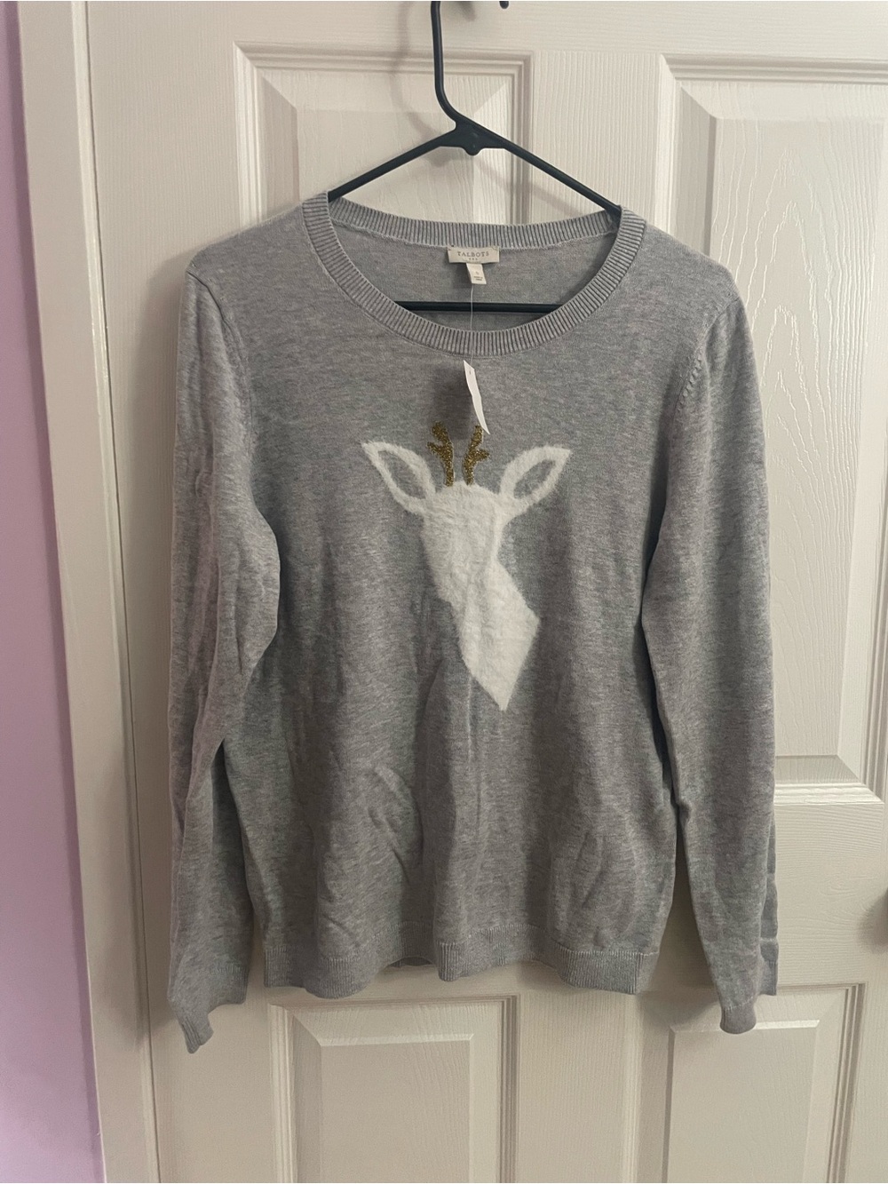 Talbots Gray Crewneck Sweater with White Deer and Gold Antlers